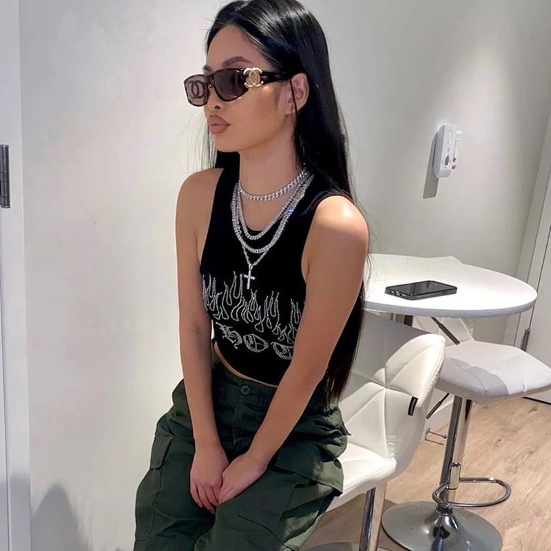 Cyber Y2K Rhinestone topi, melni, trikotāžas, apdruka, ielu apģērbi, gotikas sieviešu grunge apģērbi, panku veste, seksīga korsetes t-ī