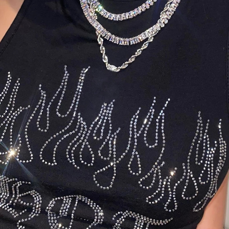 Cyber Y2K Rhinestone topi, melni, trikotāžas, apdruka, ielu apģērbi, gotikas sieviešu grunge apģērbi, panku veste, seksīga korsetes t-ī