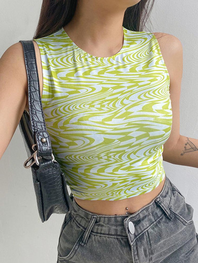 Σέξι γιλέκα 2023, 90s Aesthetics με ριγέ στάμπες Crop Tops Y2K Καλοκαιρινό streetwear Αμάνικο με λαιμόκοψη O-λαιμόκοψη πράσινο μωρό τανκ Γυναικεία 2023