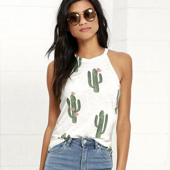 Jocoo Jolee Women Loose Cactus Tank Καλοκαιρινό αμάνικο πουκάμισο με λαιμόκοψη Μόδα Boho τοπ 2019 Νέο γυναικείο στυλ