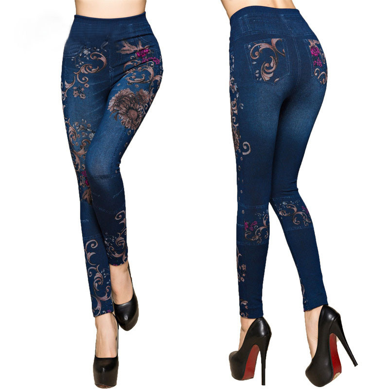 Sieviešu Ziedi Apdrukāti Džinsi Legingi Rudens Slim Kokvilnas Džeggingi ar augstu vidukli Sieviešu Viltus Džinsi Bikses Legingi Legency