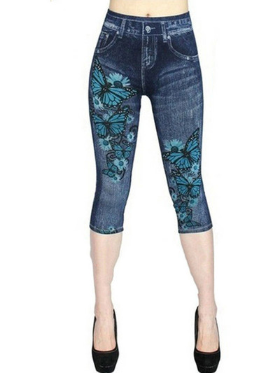 CUHAKCI Workout Capris Sport Leggins Γυναικεία κολάν με στάμπα πεταλούδας Faux τζιν τσέπες Push Up Gym Strechy κοντά παντελόνι