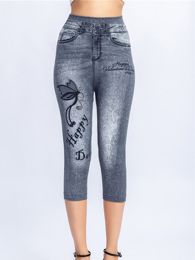 CUHAKCI Workout Capris Sport Leggins Γυναικεία κολάν με στάμπα πεταλούδας Faux τζιν τσέπες Push Up Gym Strechy κοντά παντελόνι