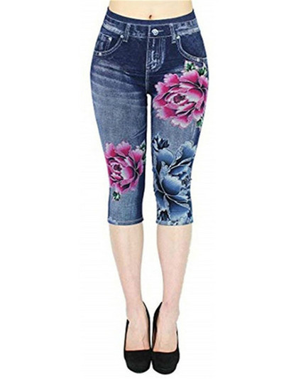 CUHAKCI Workout Capris Sport Leggins Γυναικεία κολάν με στάμπα πεταλούδας Faux τζιν τσέπες Push Up Gym Strechy κοντά παντελόνι