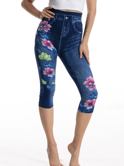 CUHAKCI Workout Capris Sport Leggins Γυναικεία κολάν με στάμπα πεταλούδας Faux τζιν τσέπες Push Up Gym Strechy κοντά παντελόνι