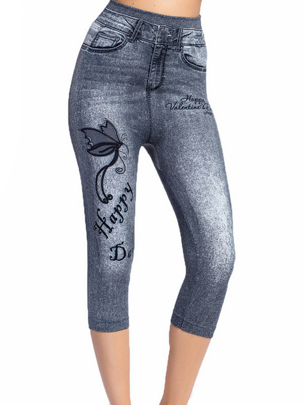 CUHAKCI Workout Capris Sport Leggins Sieviešu ar tauriņu apdruku legingi Mākslīgie džinsi Kabatas Push Up Gym elastīgas īsas bikses