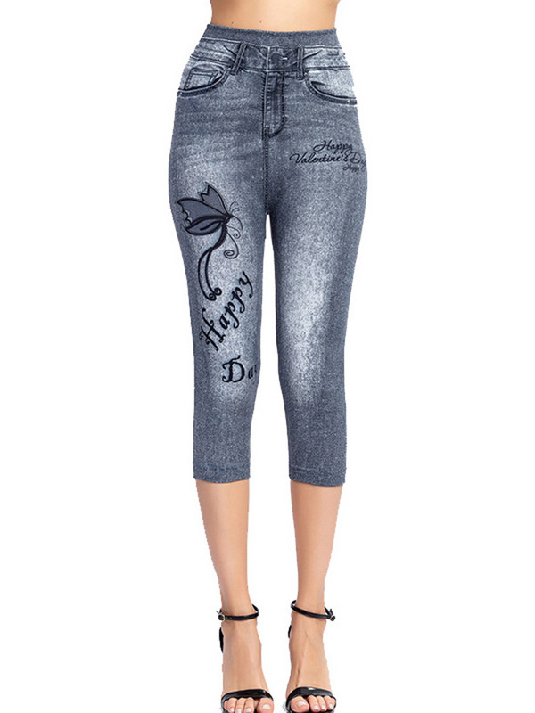 CUHAKCI Workout Capris Sport Leggins Sieviešu ar tauriņu apdruku legingi Mākslīgie džinsi Kabatas Push Up Gym elastīgas īsas bikses