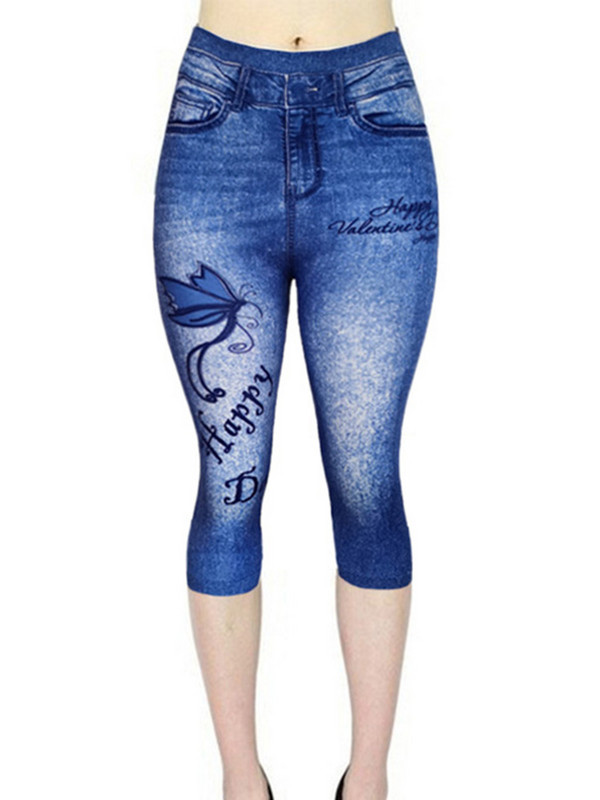 CUHAKCI Workout Capris Sport Leggins Sieviešu ar tauriņu apdruku legingi Mākslīgie džinsi Kabatas Push Up Gym elastīgas īsas bikses