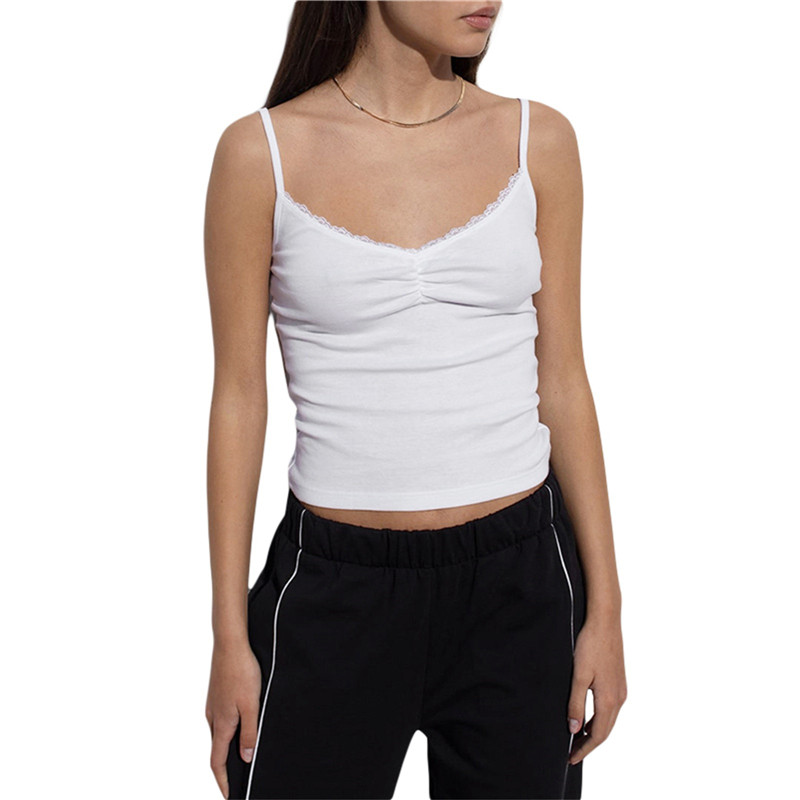 Xingqing 2000. gadu veste y2k estētiska sieviešu vienkrāsaina V kakla spageti siksniņa bez piedurknēm, mežģīnes Crop, vasaras apģērbi, ielas apģērbi