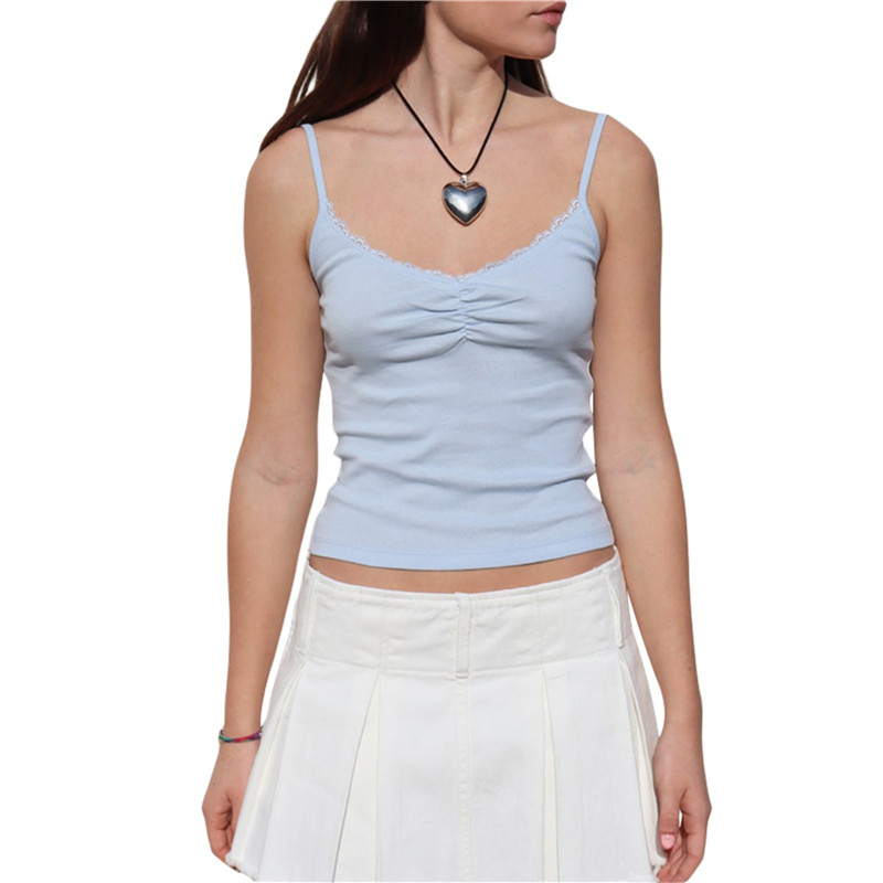 Xingqing 2000. gadu veste y2k estētiska sieviešu vienkrāsaina V kakla spageti siksniņa bez piedurknēm, mežģīnes Crop, vasaras apģērbi, ielas apģērbi