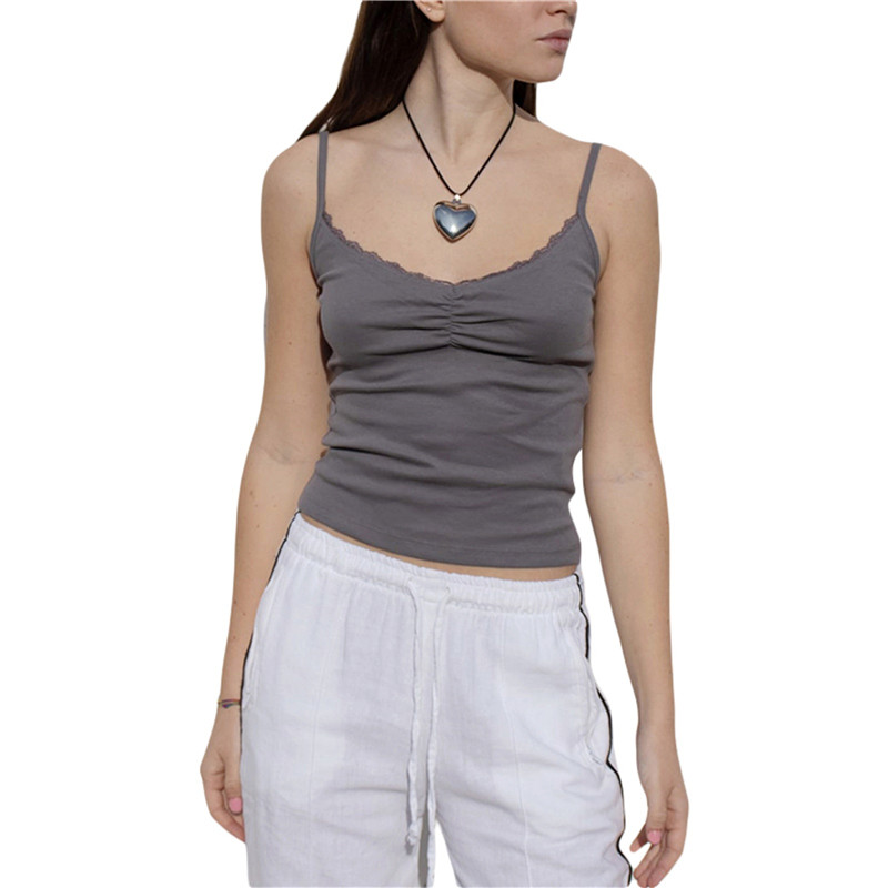 Xingqing 2000. gadu veste y2k estētiska sieviešu vienkrāsaina V kakla spageti siksniņa bez piedurknēm, mežģīnes Crop, vasaras apģērbi, ielas apģērbi