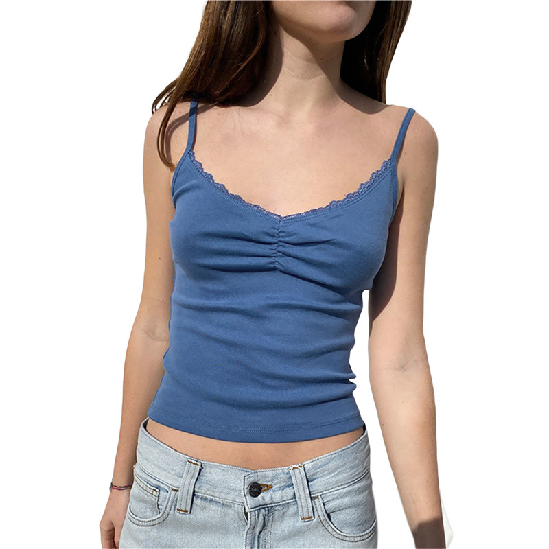 Xingqing 2000. gadu veste y2k estētiska sieviešu vienkrāsaina V kakla spageti siksniņa bez piedurknēm, mežģīnes Crop, vasaras apģērbi, ielas apģērbi