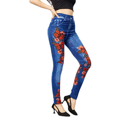 INDJXND elasztikus imitáció műfarmer leggings magas derekú fitnesz leggins sport Push Up varrat nélküli nyomtatás pillangó ceruza nadrág