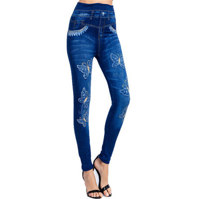 INDJXND elasztikus imitáció műfarmer leggings magas derekú fitnesz leggins sport Push Up varrat nélküli nyomtatás pillangó ceruza nadrág