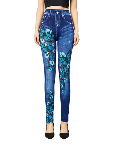 INDJXND elasztikus imitáció műfarmer leggings magas derekú fitnesz leggins sport Push Up varrat nélküli nyomtatás pillangó ceruza nadrág