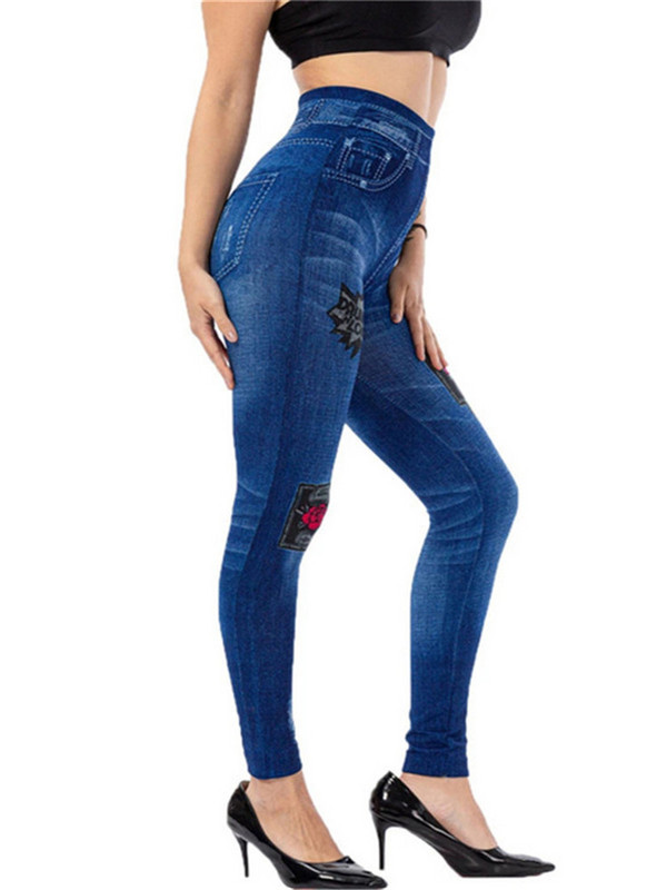INDJXND elastīgas imitācijas mākslīgie džinsi legingi ar augstu vidukli Fitness leggins Sporta push-up bezšuvju apdrukas tauriņš zīmuļu bikses