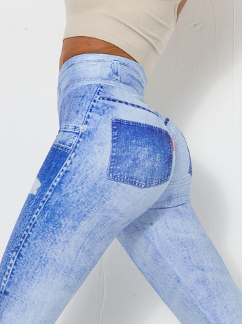 Дамски панталони за йога с висока талия Полиестерни спортни панталони Имитация на дънки Клинове за фитнес 3D печат Фитнес клинове Чорапогащници Push Up Панталони