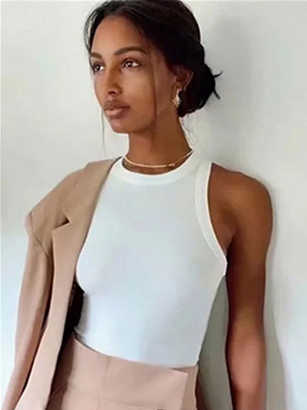 2023. gada vasaras jaunums vienkrāsu trikotāžas, seksīgas, apaļas kakla daļas, cieši pieguļošas bezpiedurknēm