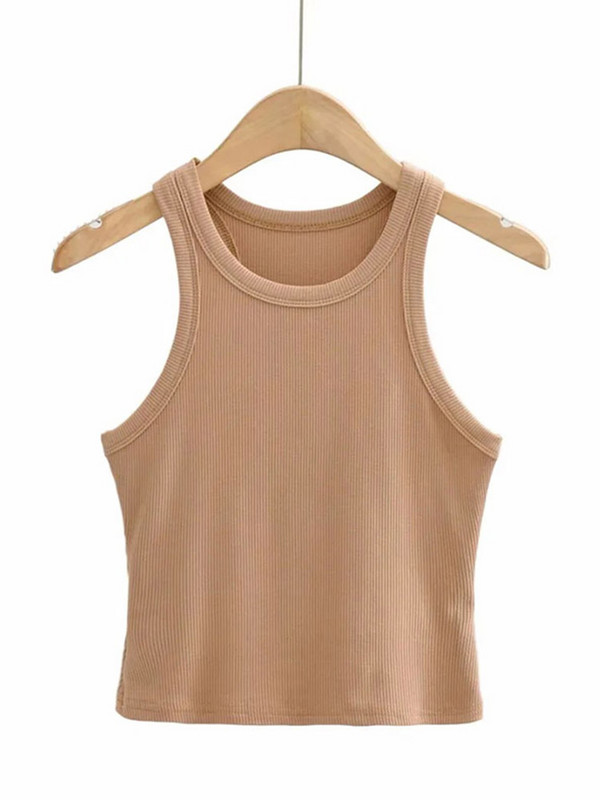 2023. gada vasaras jaunums vienkrāsu trikotāžas, seksīgas, apaļas kakla daļas, cieši pieguļošas bezpiedurknēm