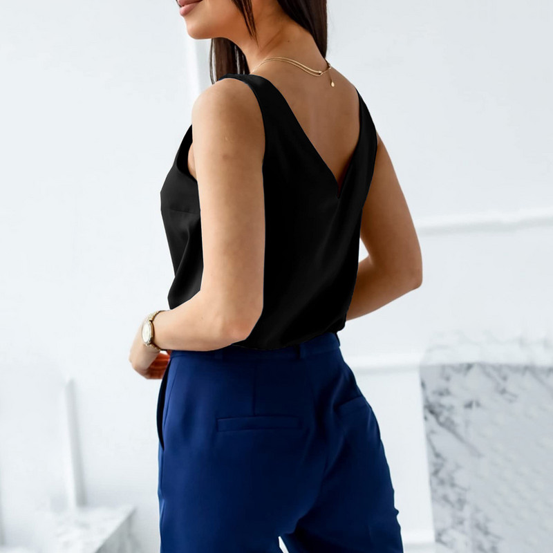 Tīras krāsas topi sievietēm ar V kakla izgriezumu zīda vasaras satīna blūze bez piedurknēm Basic Camisole krekli Biroja sieviešu krekls sievietēm