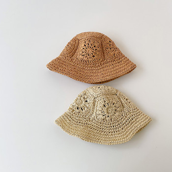 Нова лятна детска сламена шапка Летни момичета Бебешка шапка за слънце за излети Ретро куха плажна слънцезащитна шапка Сламена шапка за мивка Шапка за бебе рибар