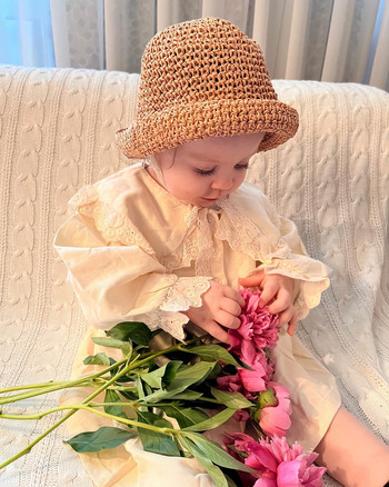 Μόδα μωρό με πέταλο ψάθινο καπέλο αντηλιακό καπέλο δαντέλα Παιδικά κορίτσια Πριγκίπισσα πτυσσόμενα χαριτωμένα καπέλα με κάδο για βρέφη