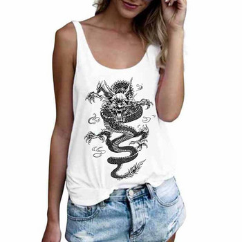 Γυναικείο μπλουζάκι με μοτίβο δράκου Εκτύπωση καμισόλ Μπλούζες τανκ γιλέκο καλοκαιρινό σέξι λαιμόκοψη αμάνικο Casual φαρδύ μπλουζάκι Harajuk
