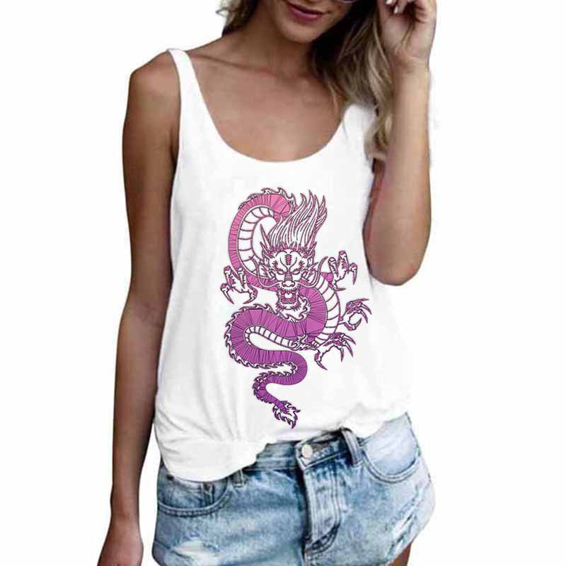 Sieviešu tops Dragon Pattern Print Kamisole Topi Veste Vasaras Sexy U Neck Mode Bezpiedurknēm Ikdienas brīvs Harajuk T krekls Sieviešu