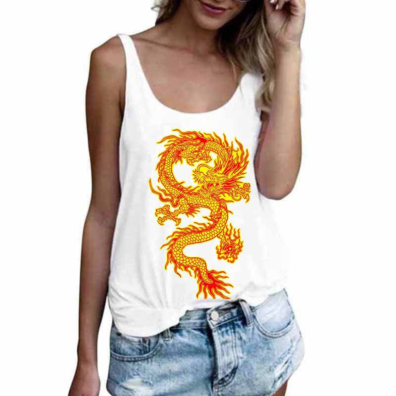 Sieviešu tops Dragon Pattern Print Kamisole Topi Veste Vasaras Sexy U Neck Mode Bezpiedurknēm Ikdienas brīvs Harajuk T krekls Sieviešu