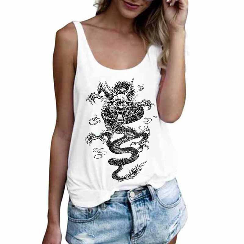 Sieviešu tops Dragon Pattern Print Kamisole Topi Veste Vasaras Sexy U Neck Mode Bezpiedurknēm Ikdienas brīvs Harajuk T krekls Sieviešu