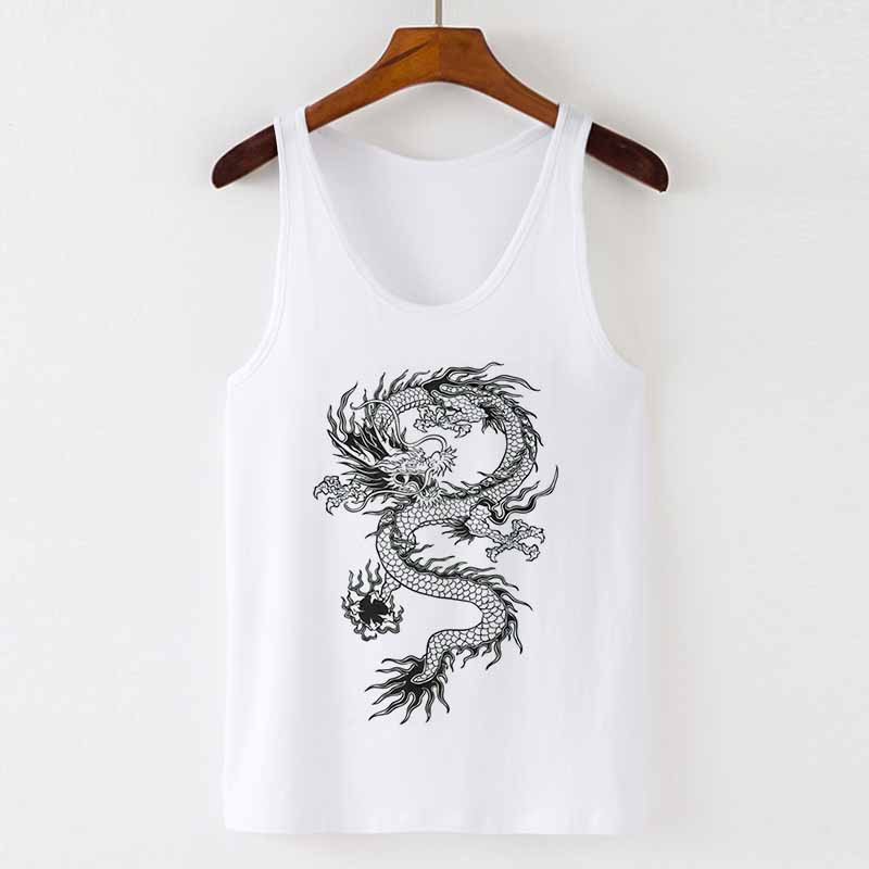 Sieviešu tops Dragon Pattern Print Kamisole Topi Veste Vasaras Sexy U Neck Mode Bezpiedurknēm Ikdienas brīvs Harajuk T krekls Sieviešu