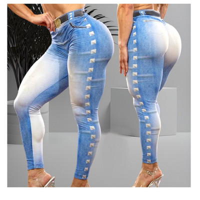 FCCEXIO Gradient Denim Print Γυναικεία Παντελόνια Push Up Running Sports Leggings Slim Παντελόνι Γυναικείο Casual Παντελόνι Fitness Legging