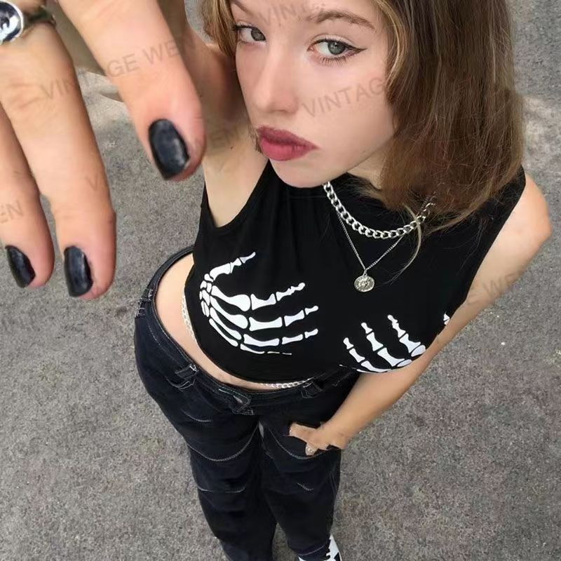 Sexy Club Women Summer Crop Top Tank Topi Punk Y2K Harajuku Melns Bezpiedurkņu Skelets Ar rokām Apdrukātas Zeķubikses Sieviešu veste