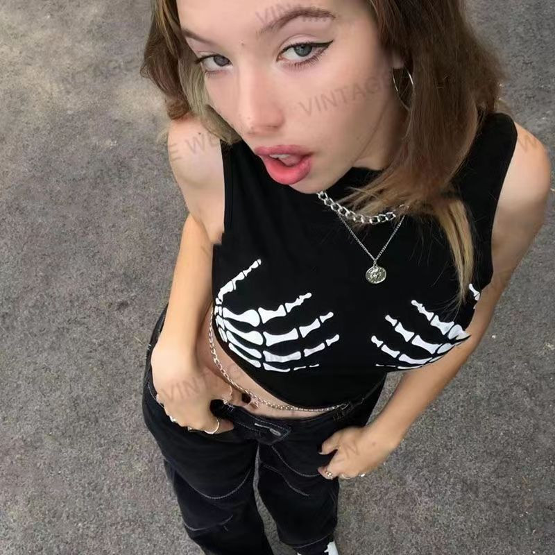 Sexy Club Women Summer Crop Top Tank Topi Punk Y2K Harajuku Melns Bezpiedurkņu Skelets Ar rokām Apdrukātas Zeķubikses Sieviešu veste
