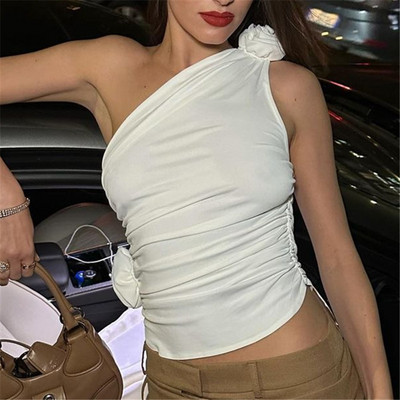 Xeemilo Y2K ferde gallérú fehér felső 2023 nyári ujjatlan 3d virágos Bodycon Crop felsők Elegáns klubbuli divatos fűzők