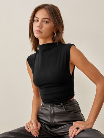 Συμπαγείς απλές, λεπτές μπλούζες για ντεπόζιτο Γυναικείο μισό ψηλό γιακά αμάνικο γιλέκο Camis Streetwear Vintage σέξι μπλουζάκια καλοκαιρινά ρούχα 2023