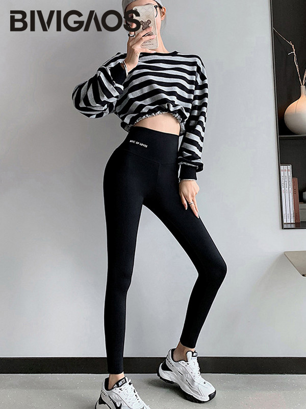 BIVIGAOS jauns ar augstu vidukli ar burtu apdruku legingi Sieviešu plāni, cieši pieguļoši sporta izklaidei fitnesa legingi šauras haizivs bikses