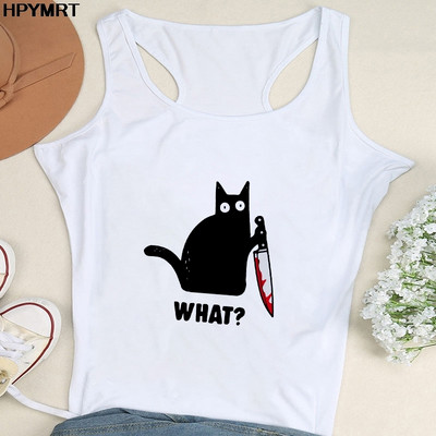 Nyári női divat mellény felsők Szexi Camisole Zene Fekete macska Print Lady Alkalmi, bő, ujjatlan 90-es évek női felsőruházat
