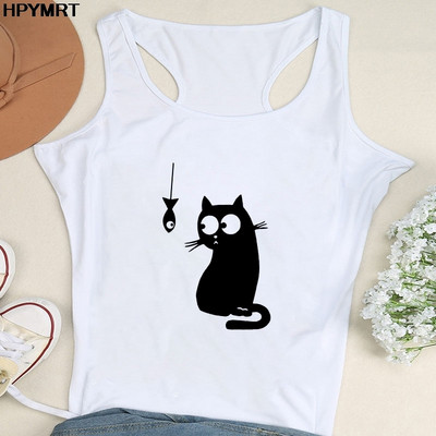 Nyári női divat mellény felsők Szexi Camisole Zene Fekete macska Print Lady Alkalmi, bő, ujjatlan 90-es évek női felsőruházat