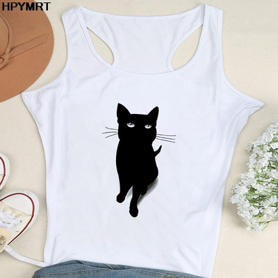 Nyári női divat mellény felsők Szexi Camisole Zene Fekete macska Print Lady Alkalmi, bő, ujjatlan 90-es évek női felsőruházat