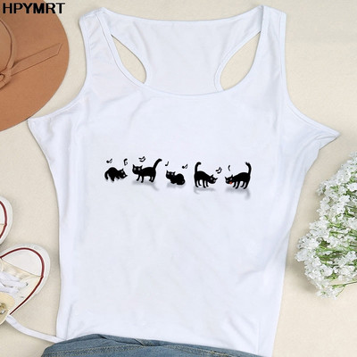 Nyári női divat mellény felsők Szexi Camisole Zene Fekete macska Print Lady Alkalmi, bő, ujjatlan 90-es évek női felsőruházat