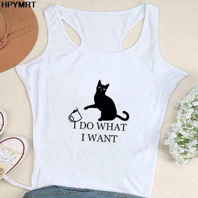 Nyári női divat mellény felsők Szexi Camisole Zene Fekete macska Print Lady Alkalmi, bő, ujjatlan 90-es évek női felsőruházat