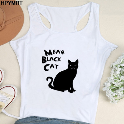 Nyári női divat mellény felsők Szexi Camisole Zene Fekete macska Print Lady Alkalmi, bő, ujjatlan 90-es évek női felsőruházat