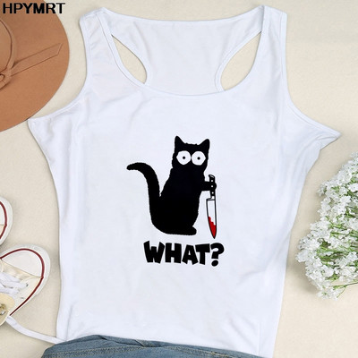 Nyári női divat mellény felsők Szexi Camisole Zene Fekete macska Print Lady Alkalmi, bő, ujjatlan 90-es évek női felsőruházat
