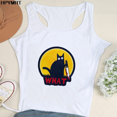 Nyári női divat mellény felsők Szexi Camisole Zene Fekete macska Print Lady Alkalmi, bő, ujjatlan 90-es évek női felsőruházat