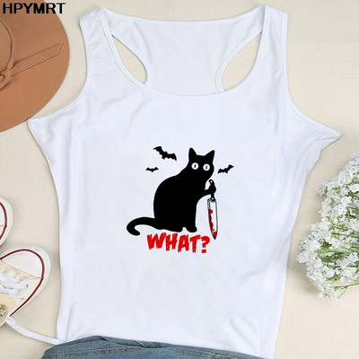 Nyári női divat mellény felsők Szexi Camisole Zene Fekete macska Print Lady Alkalmi, bő, ujjatlan 90-es évek női felsőruházat