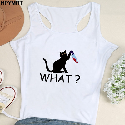 Nyári női divat mellény felsők Szexi Camisole Zene Fekete macska Print Lady Alkalmi, bő, ujjatlan 90-es évek női felsőruházat
