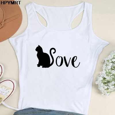 Nyári női divat mellény felsők Szexi Camisole Zene Fekete macska Print Lady Alkalmi, bő, ujjatlan 90-es évek női felsőruházat