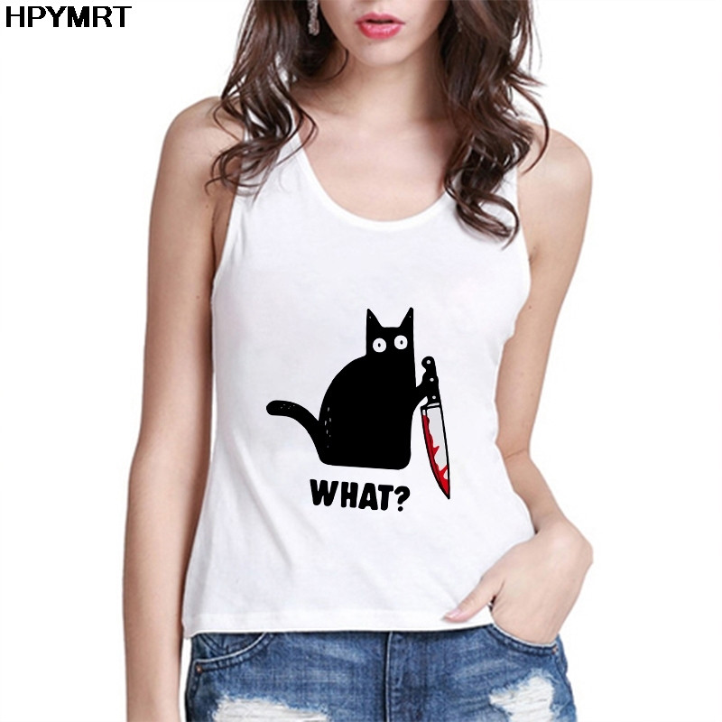 Vasaras sieviešu modes veste topi Sexy Camisole Music Melns kaķis Print Sieviešu gadījuma brīvs bezpiedurknēm 90s sieviešu top apģērbs