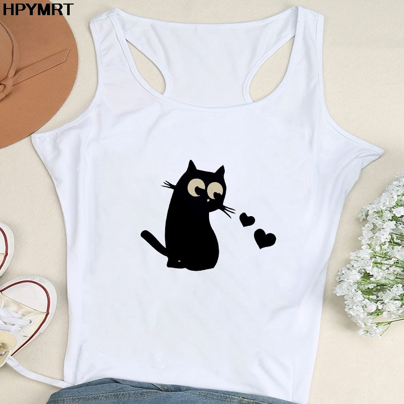 Vasaras sieviešu modes veste topi Sexy Camisole Music Melns kaķis Print Sieviešu gadījuma brīvs bezpiedurknēm 90s sieviešu top apģērbs